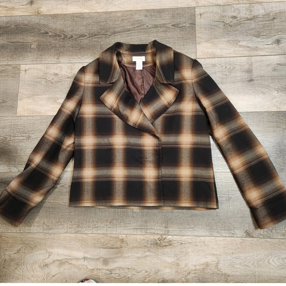Worthington Plaid Blazer Jacket Women 14 Brown Tan Excellent Stretch Snap Front